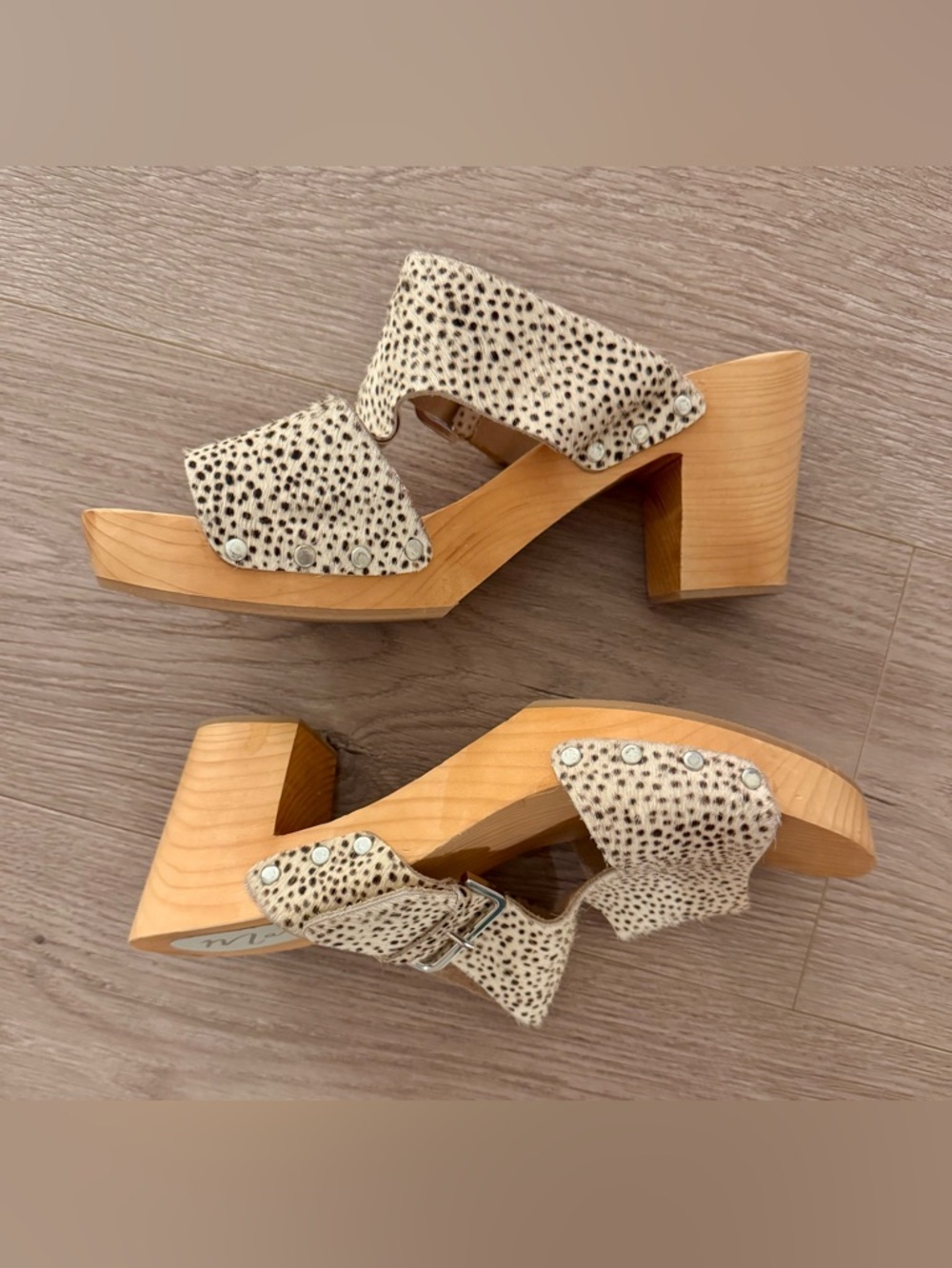 Matisse x Anthropologie Spotted Animal Print Platform Wooden Clog Heels